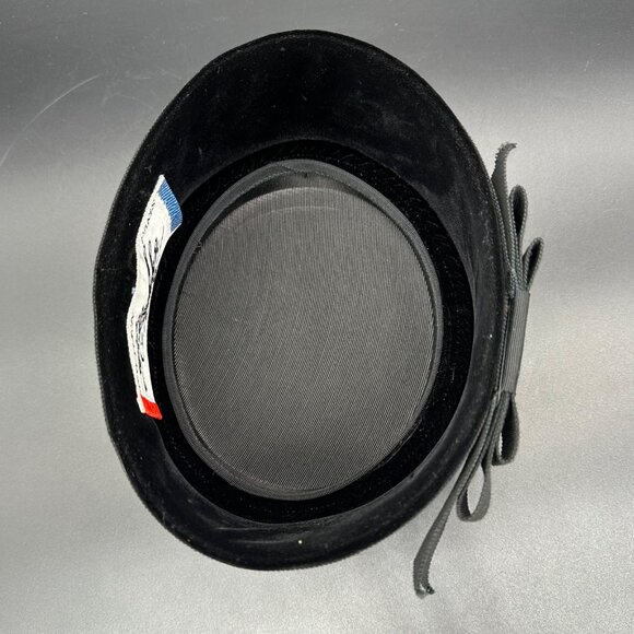 Vintage Pillbox Hat 1960s Mr John Black Velvet Jackie Kennedy Style Bow Accent - Picture 6 of 11
